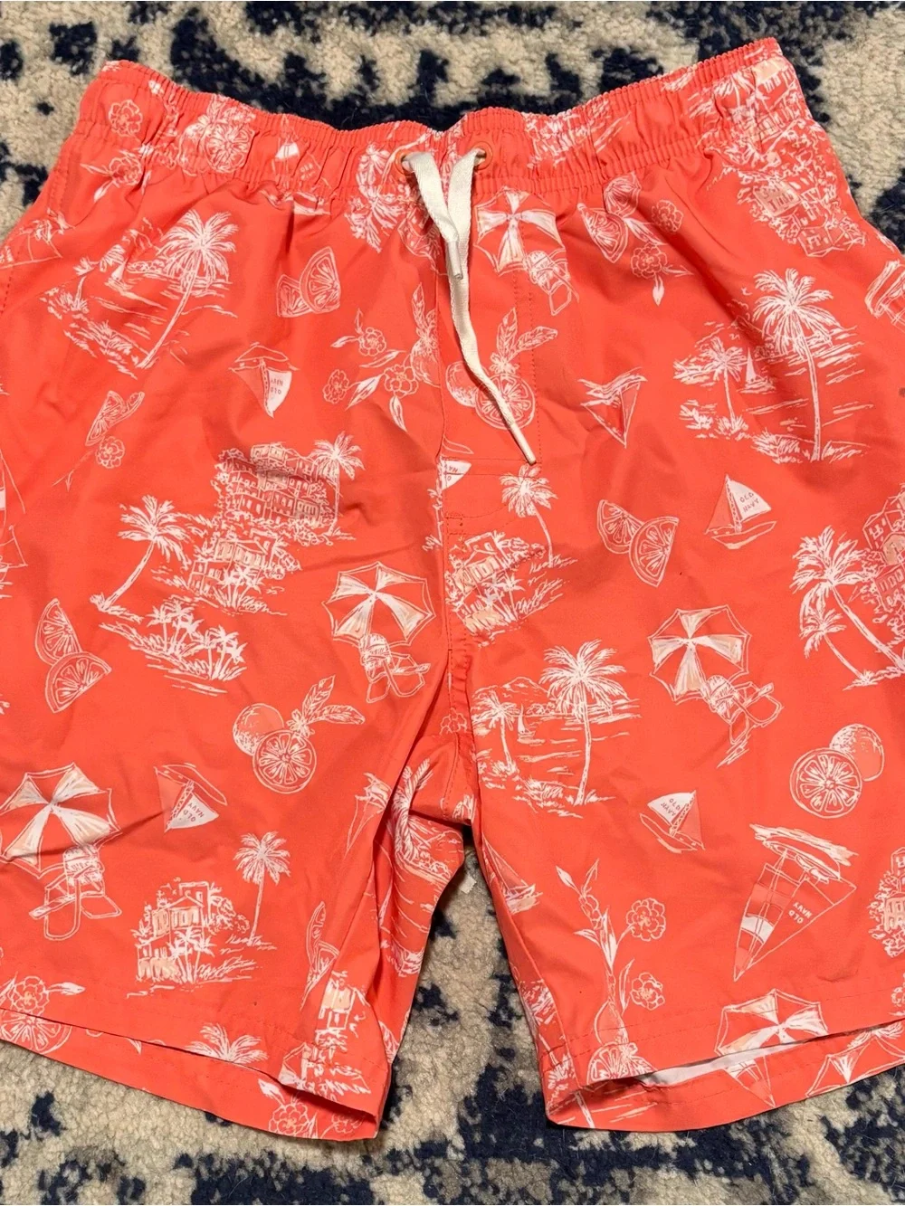 Old Navy Coral Swim Trunks with White Tropical Print